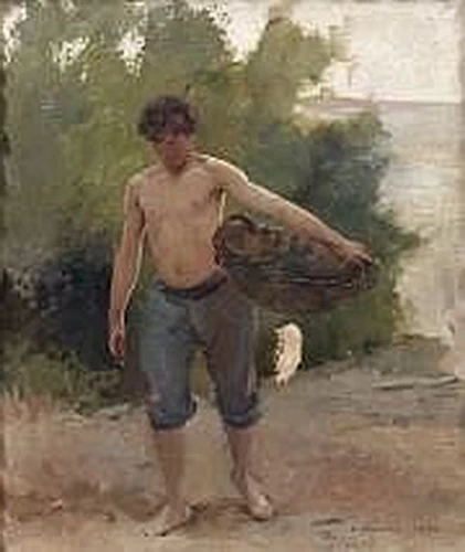 Uomo a torso nudo che porta un cestino sulla spiaggia, 1892